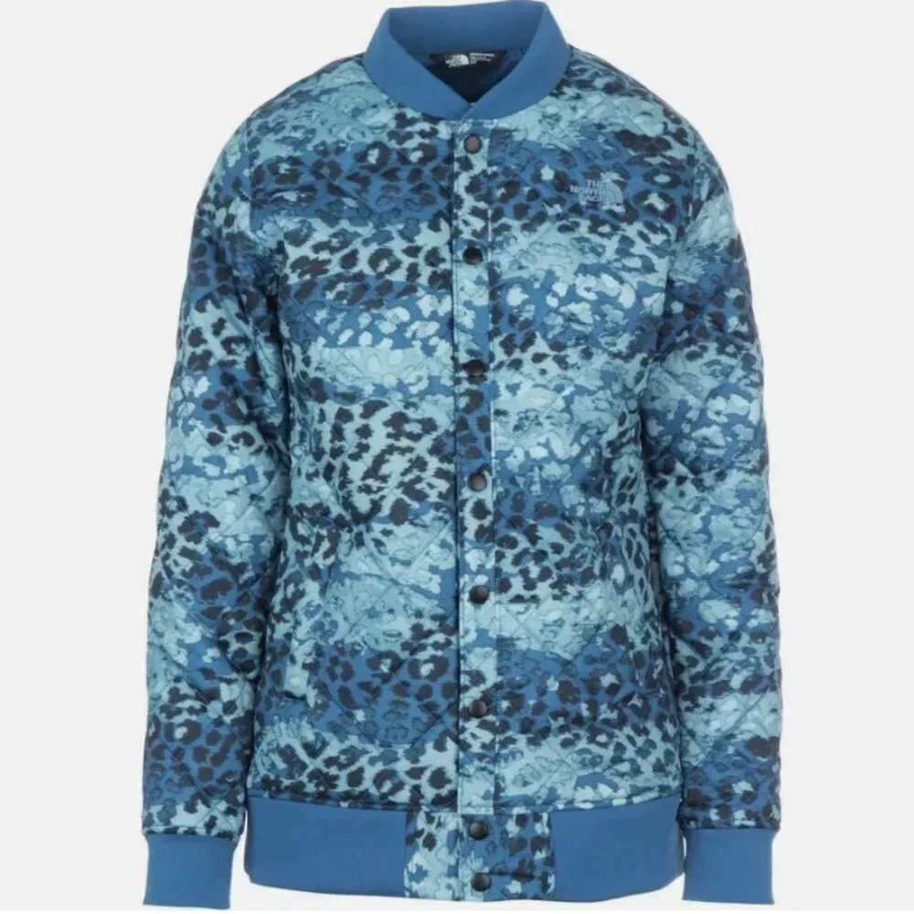 The North Face Anna Quilted Bomber Jacket Womens XS Blue Leopard Print Insulated